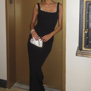 Lulus Timeless Poise Black Rhinestone Square Neck Backless Maxi Dress - Size M